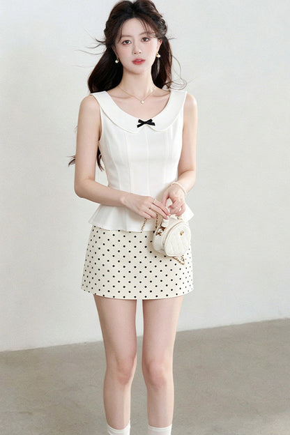 White Sleeveless Shirt and Polka Dot Skirt Set-Up