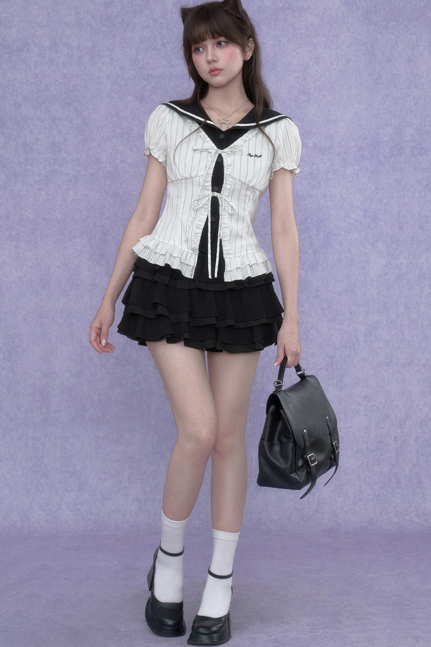 White Sailor-Collar Striped Top