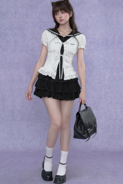 White Sailor-Collar Striped Top