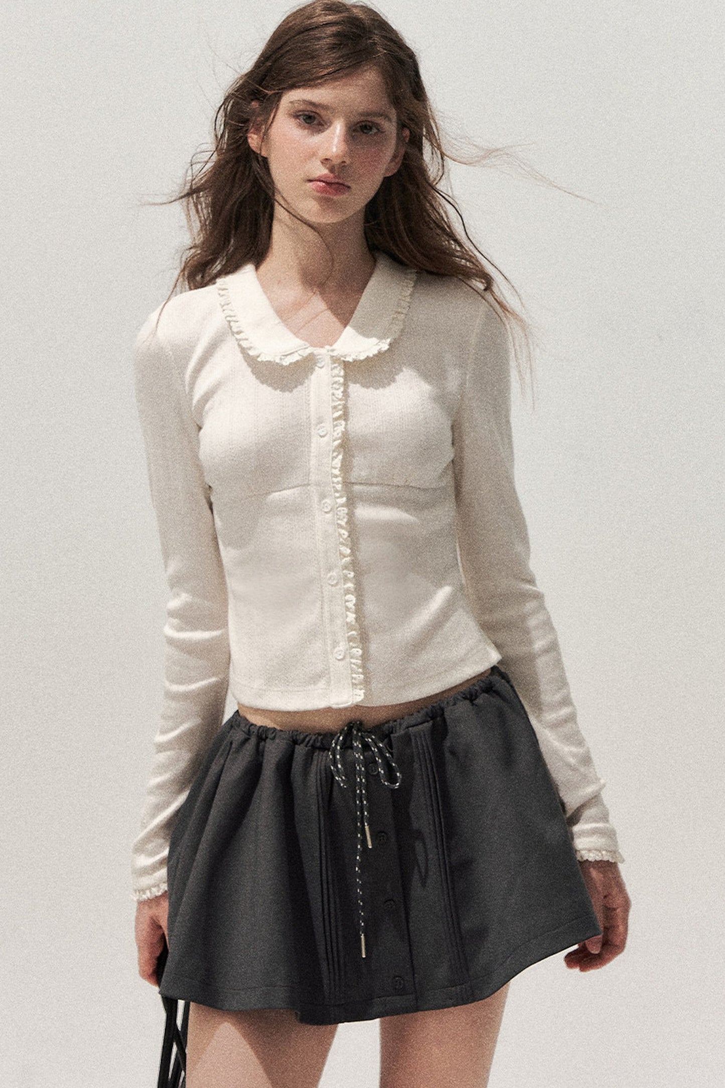 Doll Collar Textured Hollow Floral Cardigan