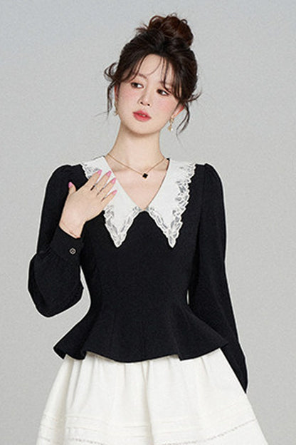 Peplum Waist Lace Collar Shirt