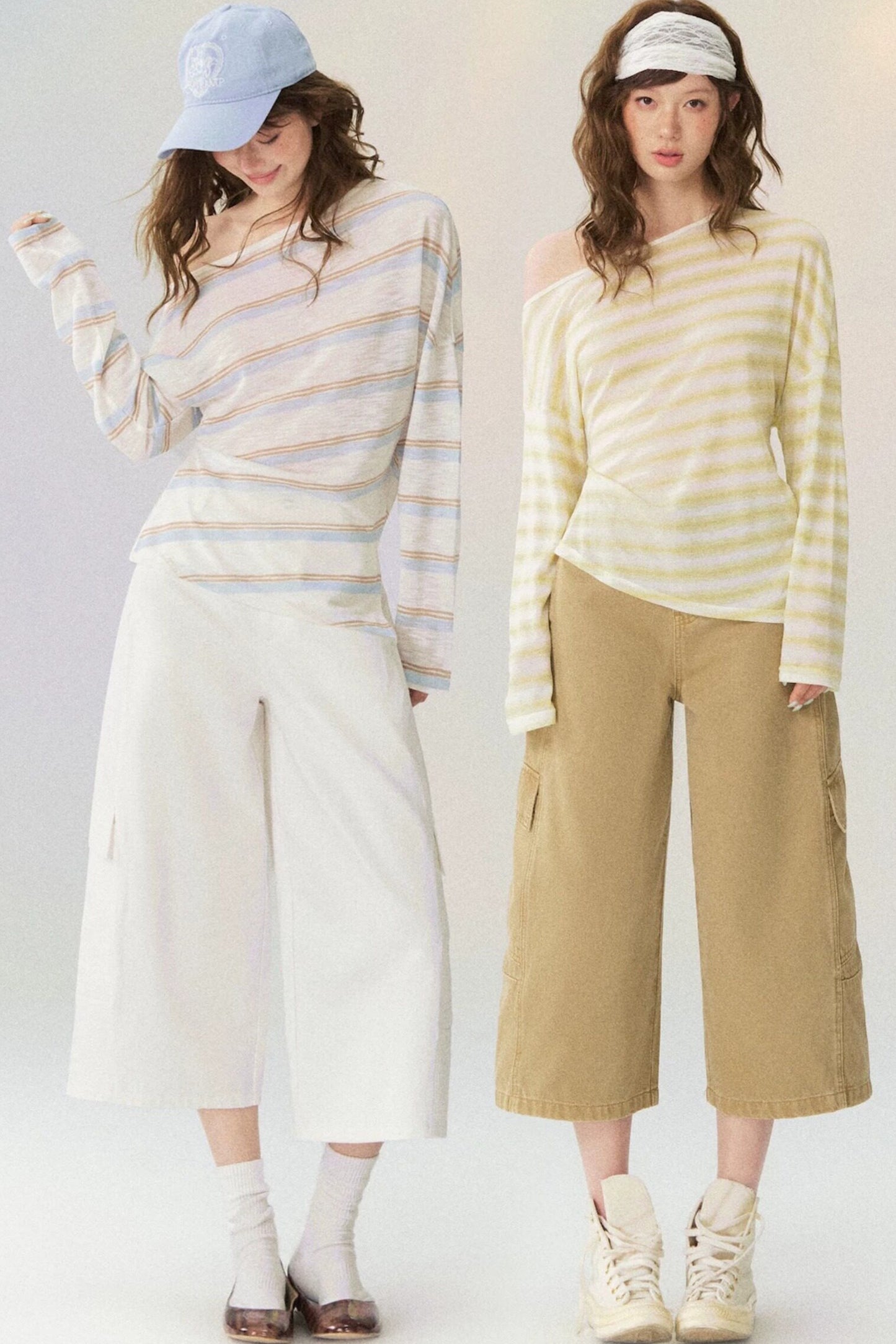 Off-Shoulder Striped Long-Sleeve Blouse