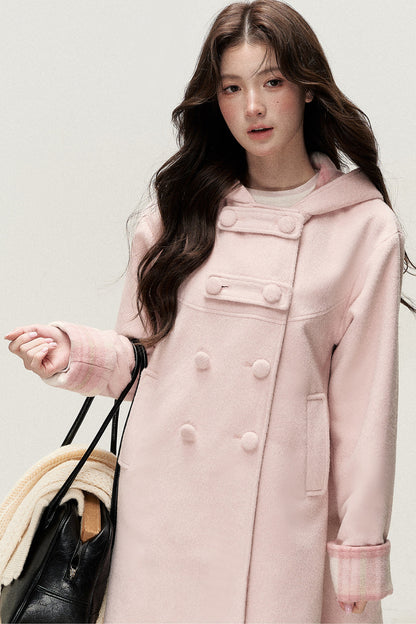 Cappotto doppiopetto con cappuccio a quadri rosa e color crema