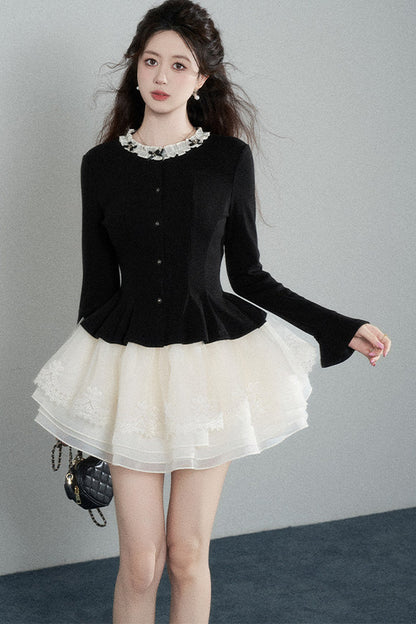 Black Waist-Cinching Shirt and Mesh Puffy Skirt Set-Up