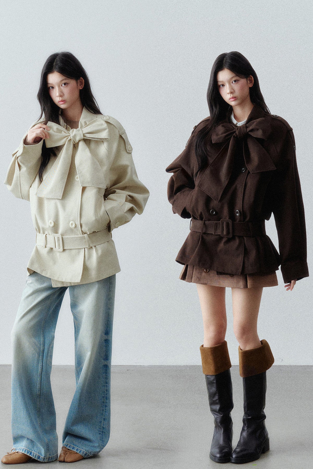 Bow Tie Low-Waist Cotton Trench Coat