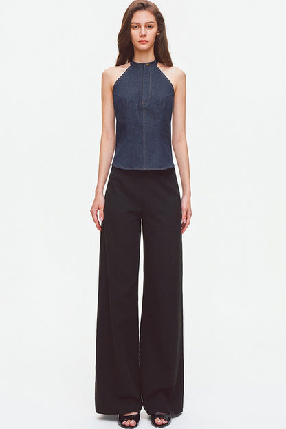 Top all'americana in denim con cuciture a contrasto e schiena scoperta