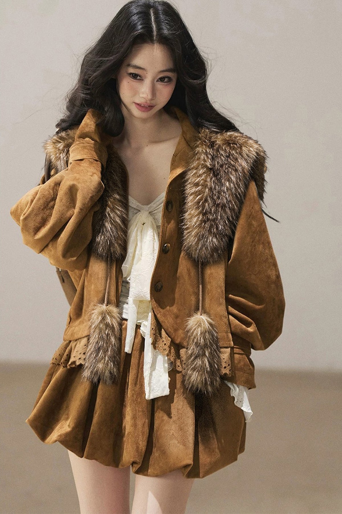 Faux Fox Fur Shawl With Collar