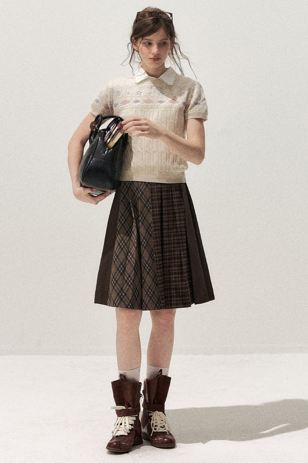 Retro Fair Isle Argyle Short-Sleeve Knit Sweater and Skirt Set-Up