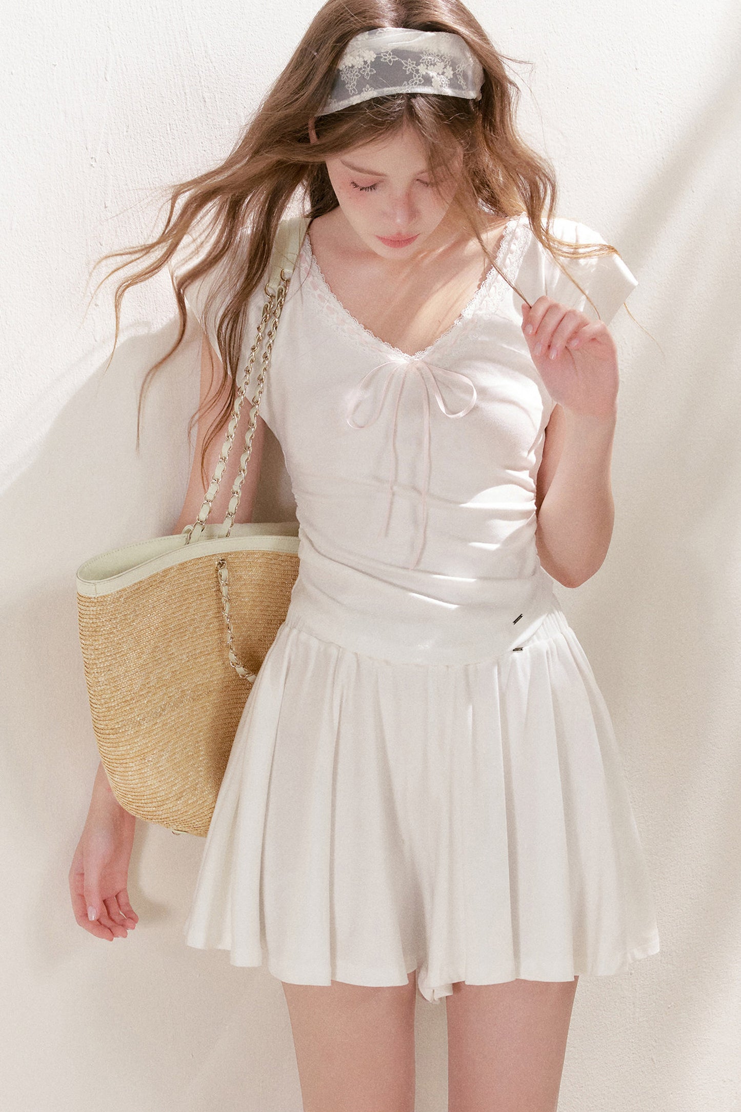 Lace Trim Tie-Up Top and High-Waisted Skirt Pants Set