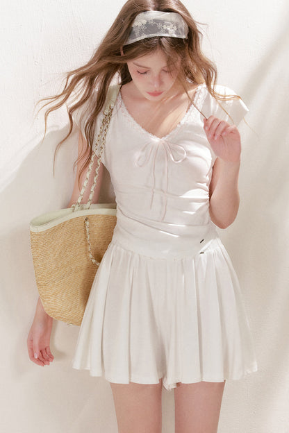 Lace Trim Tie-Up Top and High-Waisted Skirt Pants Set