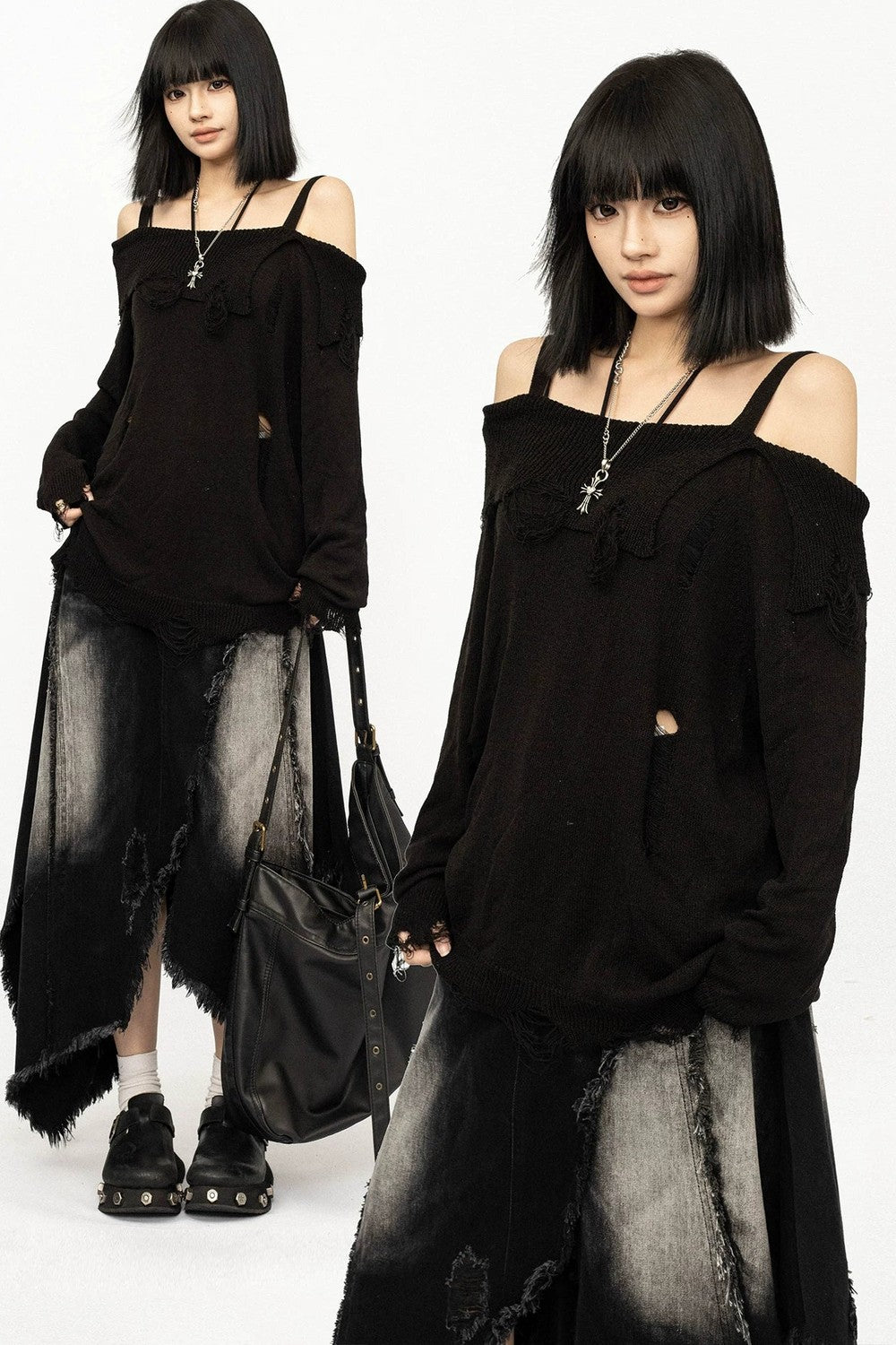Black Off-Shoulder Knit Blouse