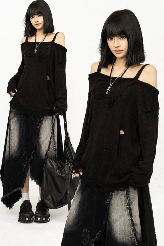 Black Off-Shoulder Knit Blouse