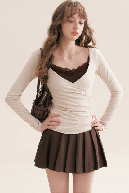 Layered-Look Lace Camisole Cross V-Neck T-Shirt