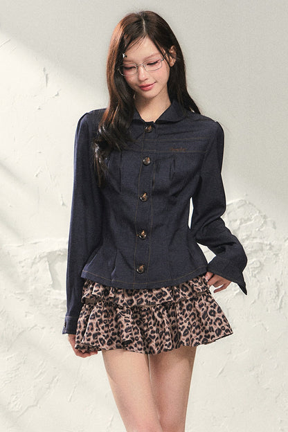 Dark Blue Denim Top With Skirt Set-Up