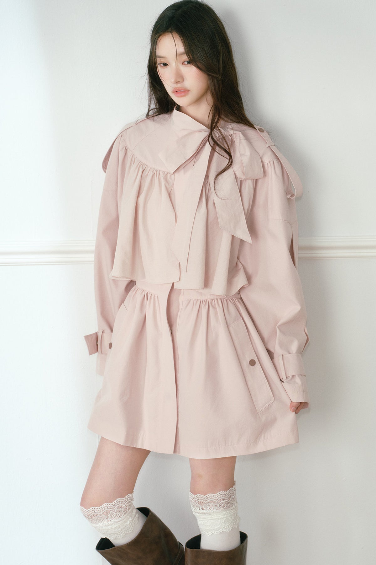 Ruched Bow Tie Cape Trench Coat