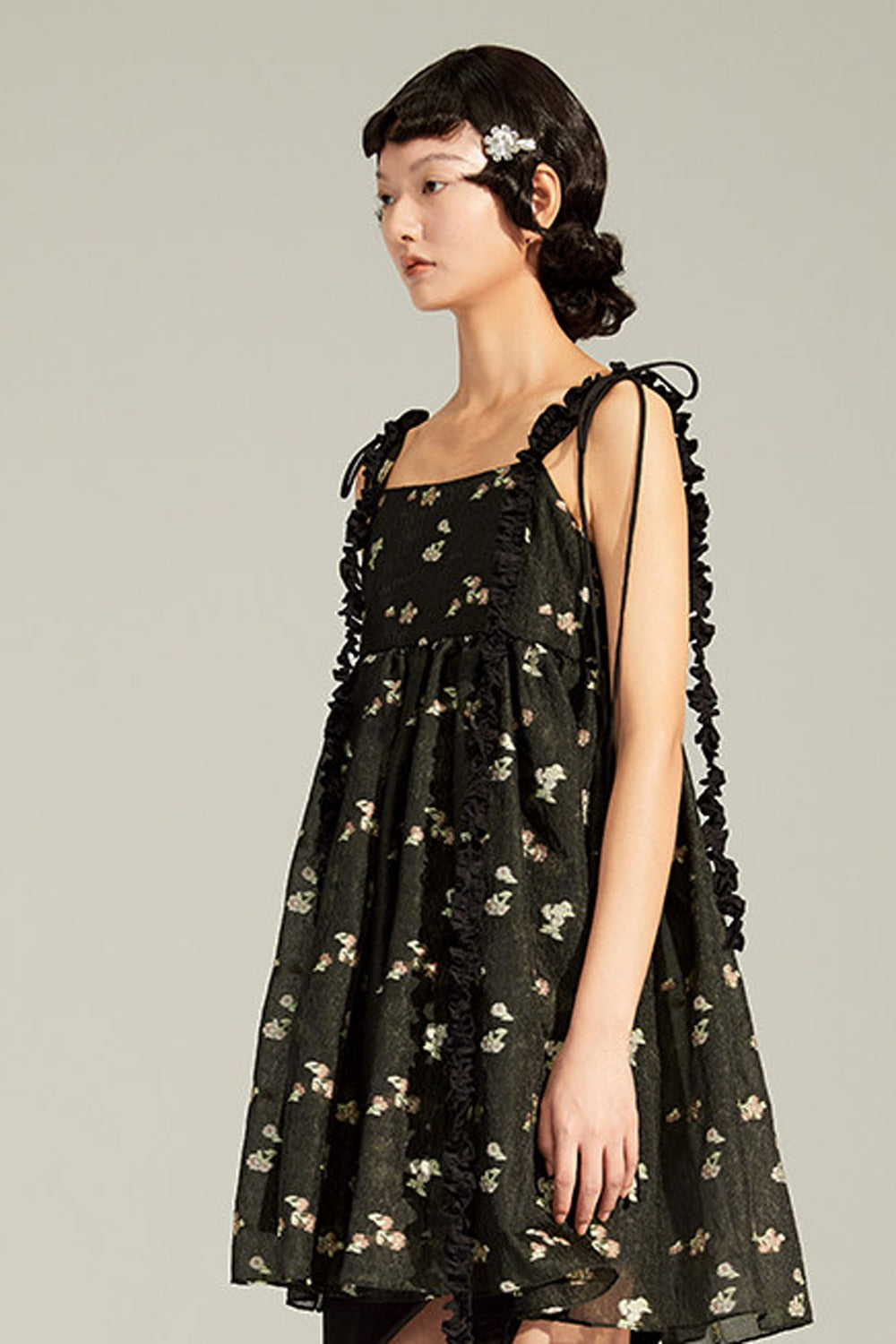 Floral Jacquard Ruffle Strap Dress