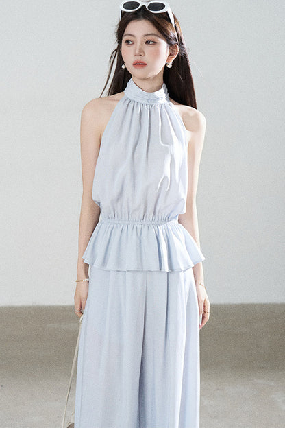 Blue Tencel Halter Shirt and Wide-Leg Pants Set
