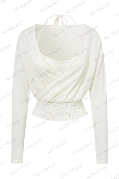 Wool Blend Layered-Look Fishbone Blouse