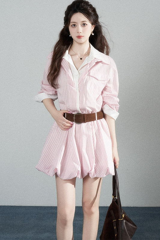 Pink Striped Bubble Shirt Dress