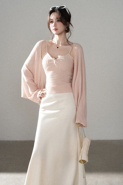 V-Neck Knitted Cardigan and Camisole Set-Up