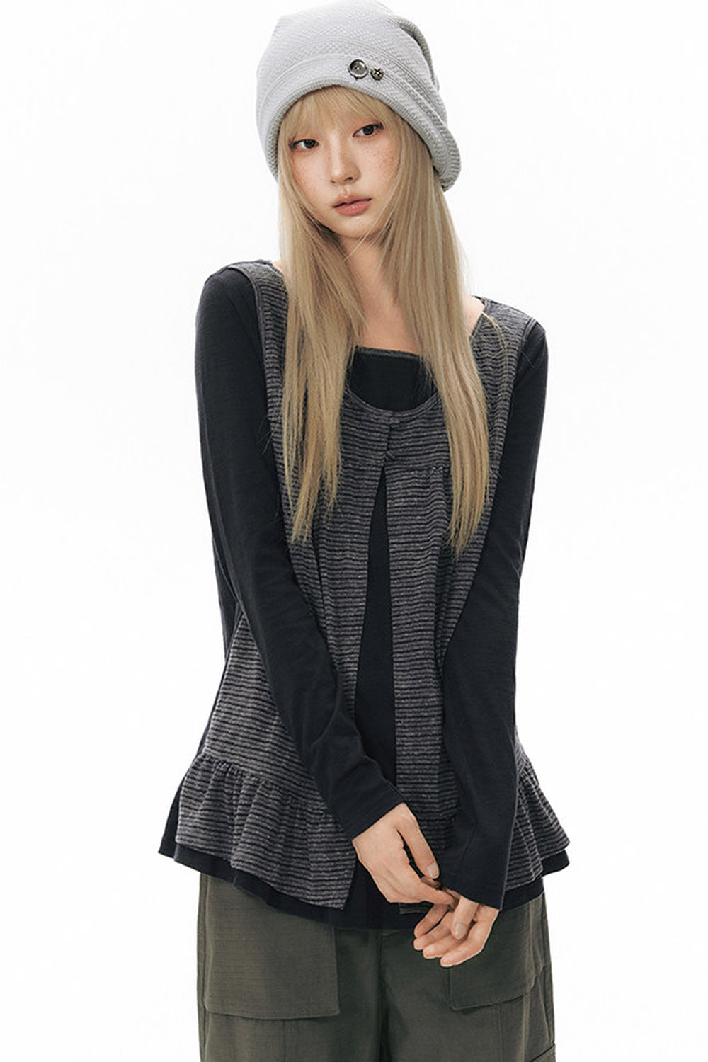 Striped Knit Patchwork Long-Sleeve Top