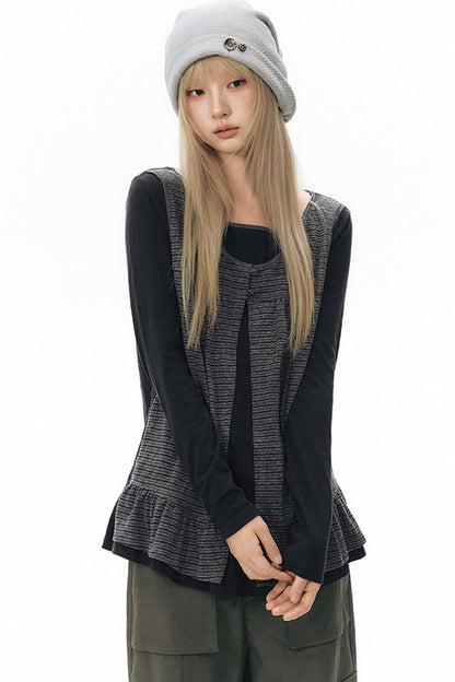 Striped Knit Patchwork Long-Sleeve Top
