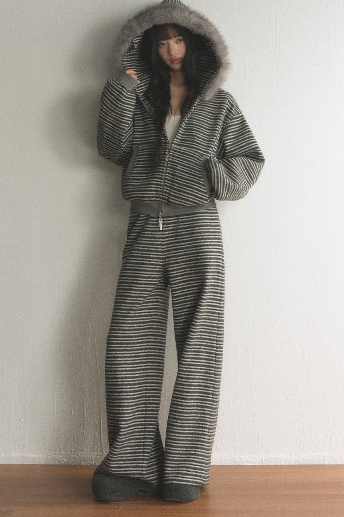 Striped Fur Collar Hooded Top and Pants Set-Up