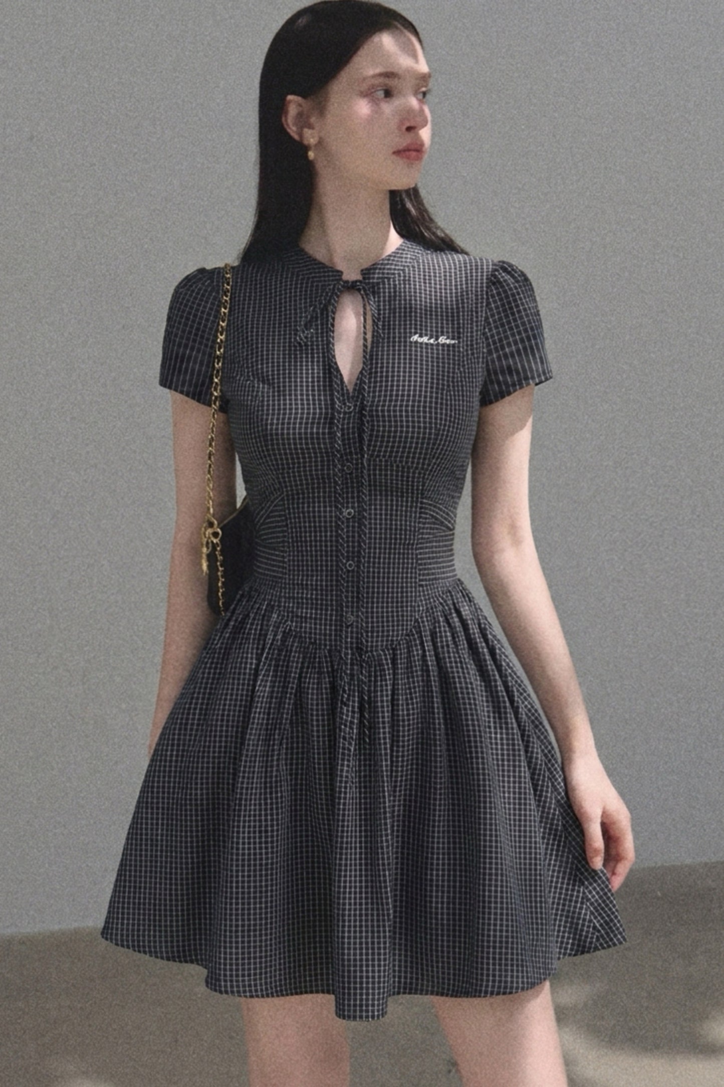 Short Sleeve Waist-Cinching Plaid Dress