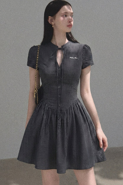 Short Sleeve Waist-Cinching Plaid Dress