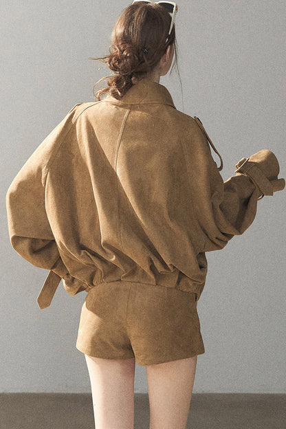 Chestnut Brown Faux Suede Windbreaker and Shorts Set-Up