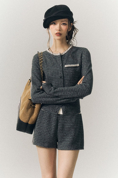 Beaded Lace-Up Wool Knit Top and Shorts and Cardigan Set-Up