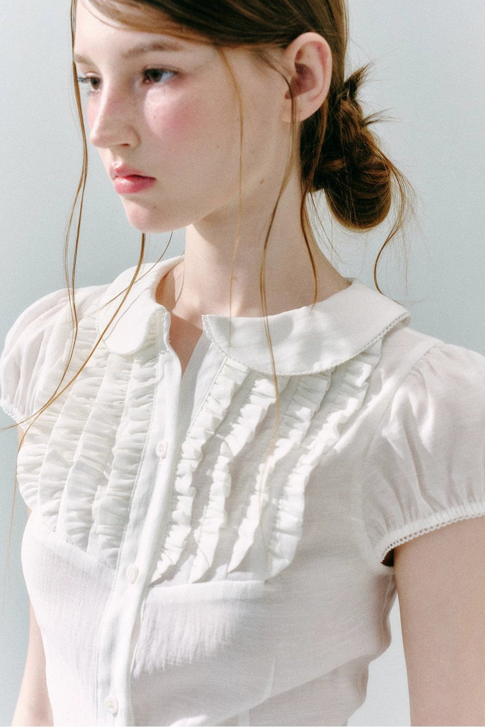 White Acetate Linen Ruffle Blouse