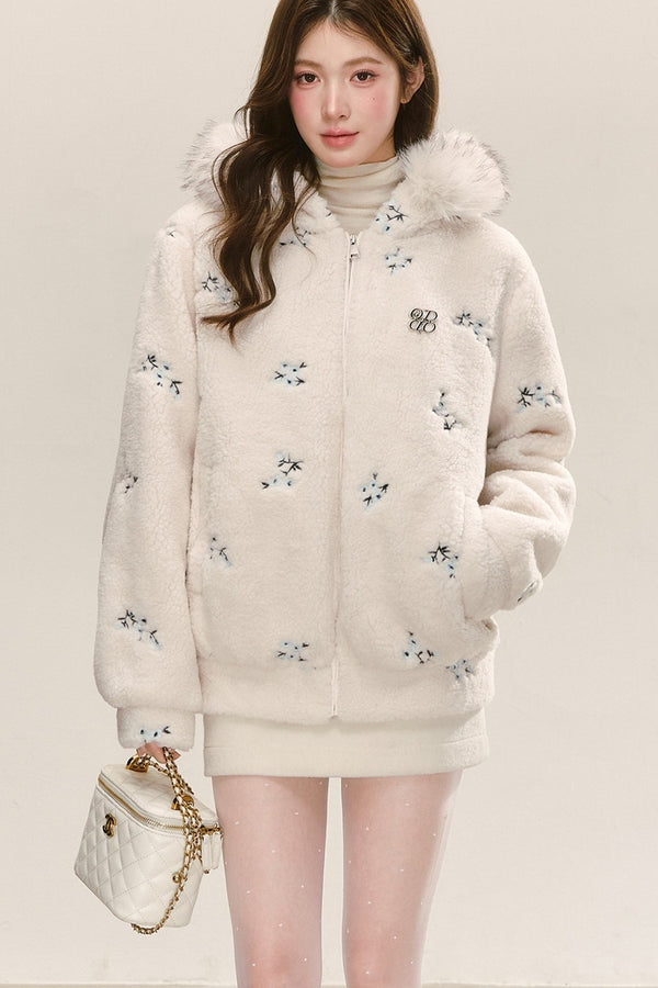 Hooded Embroidered Plush Fur Collar Jacket