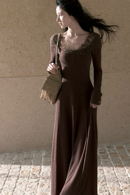 Spliced Lace Trim Long-Sleeve A-Line Dress