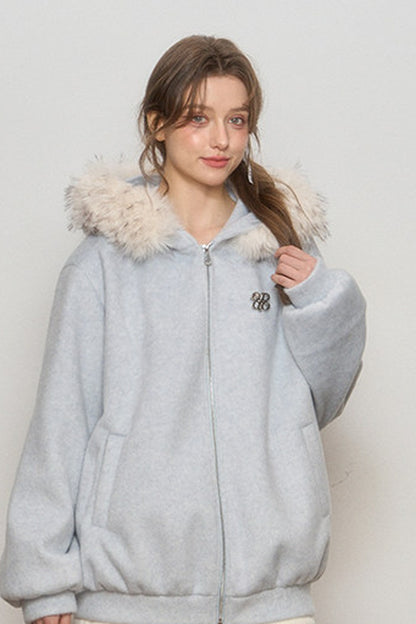Hooded Fur Collar Woolen Jacket