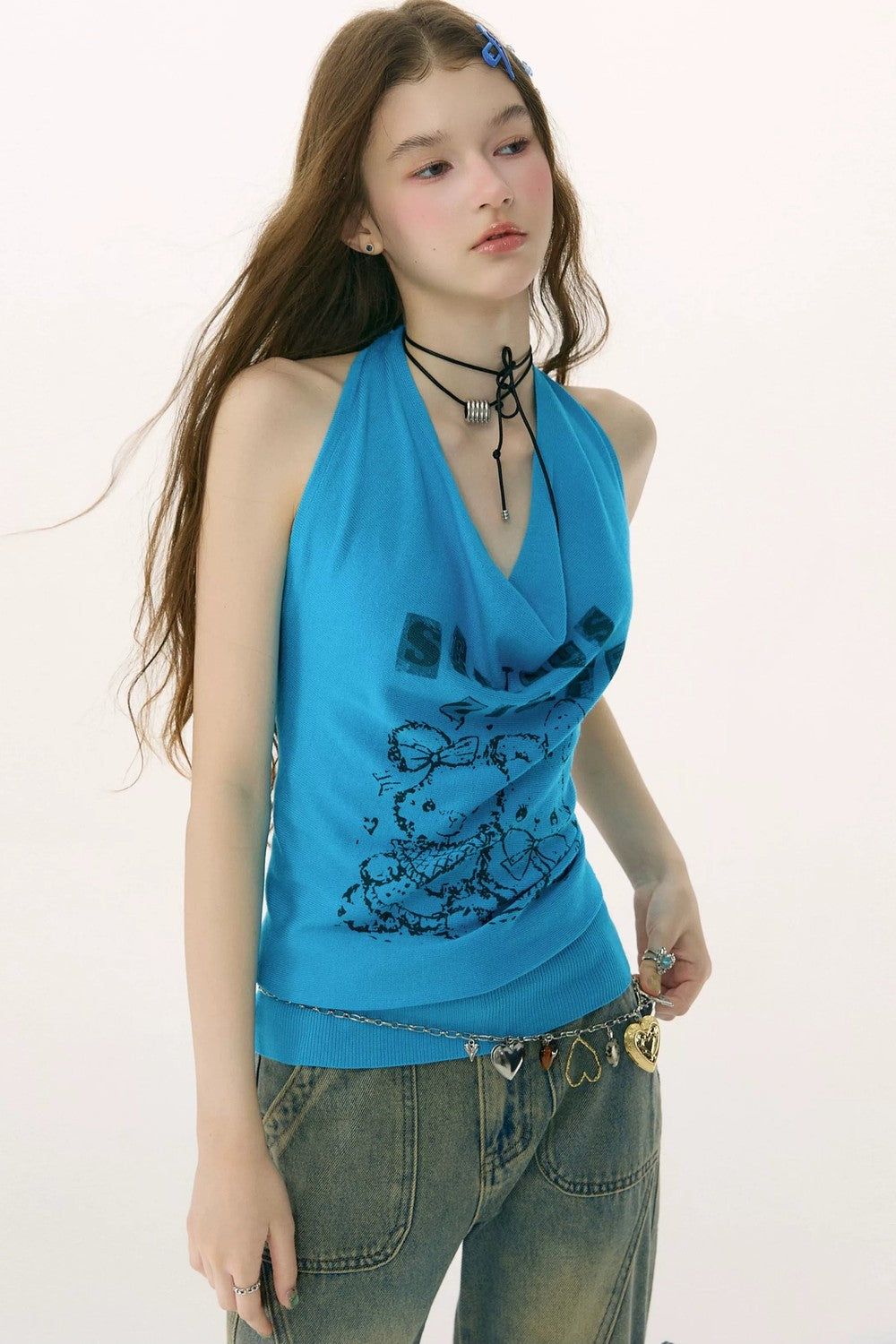 Blue Rabbit Print Halter Top