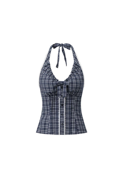 Gilet halter scozzese con fiocco