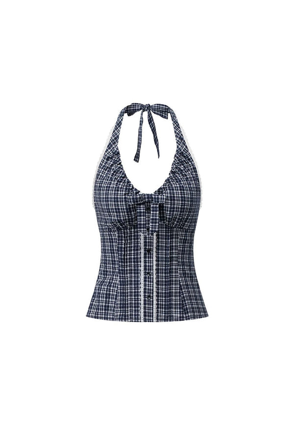 Chaleco halter de cuadros con lazo