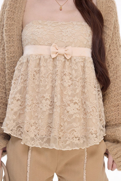 Chunky Knit Cardigan With Lace Top and Pants Set-Up