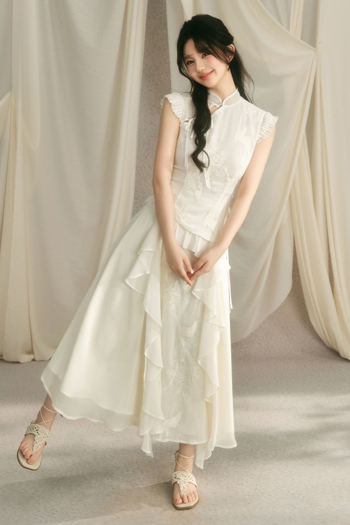 Embroidered Cheongsam Top and Ruffled Skirt Set-Up