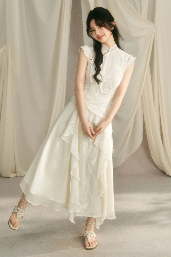 Embroidered Cheongsam Top and Ruffled Skirt Set-Up
