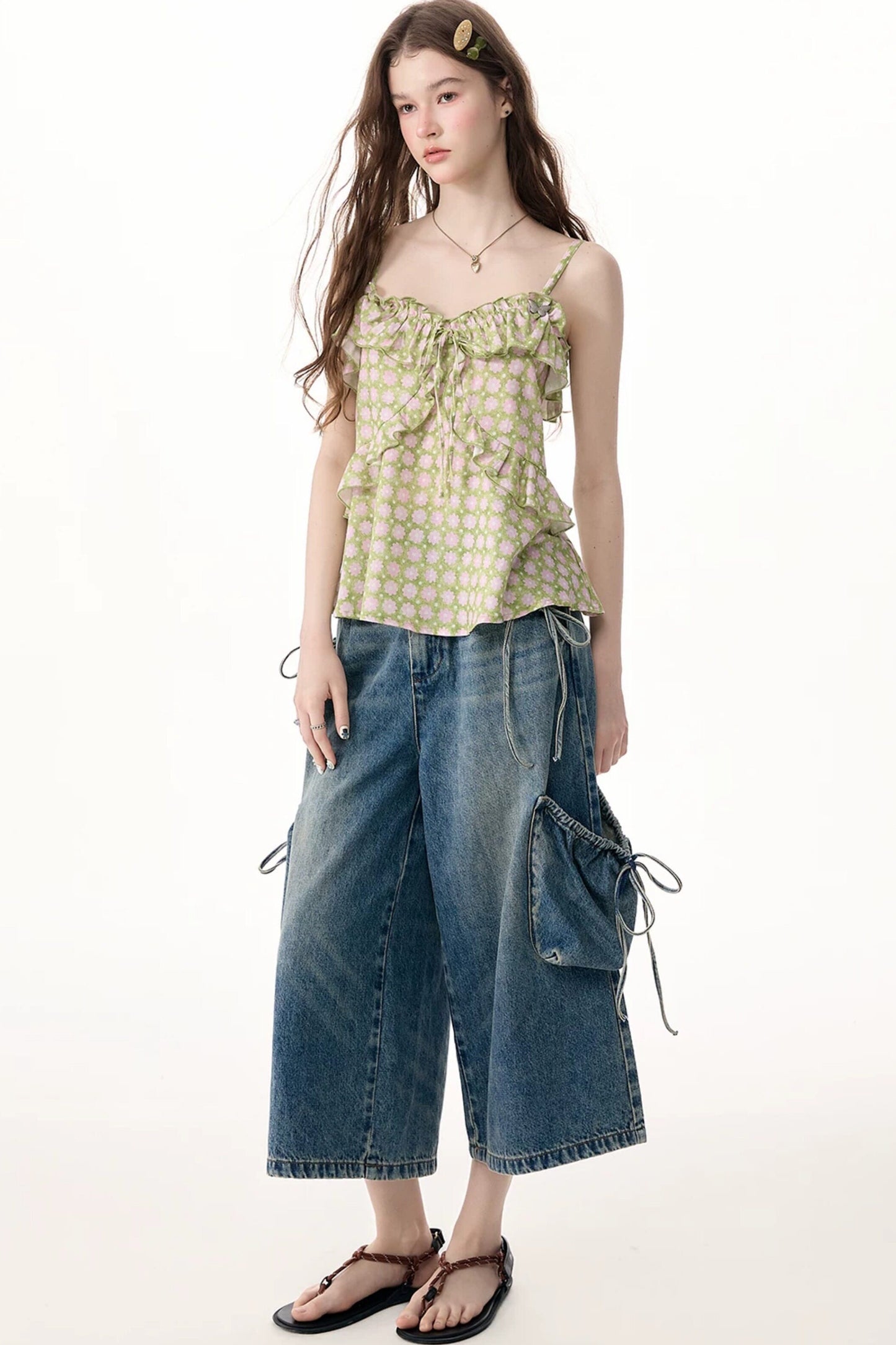 High-Waist Tie-Waist Cargo Denim Wide-Leg Pants