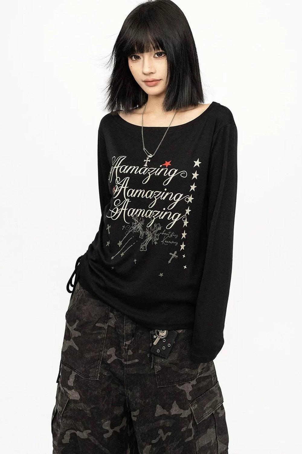 Black Off-Shoulder Letter Print Long Sleeve Tee