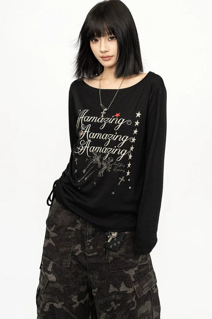 Black Off-Shoulder Letter Print Long Sleeve Tee