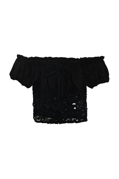 Off-Shoulder Lace Cutout Puff Sleeve Crop Top