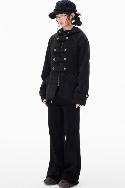 Woolen Hooded Irregular Hem Jacket