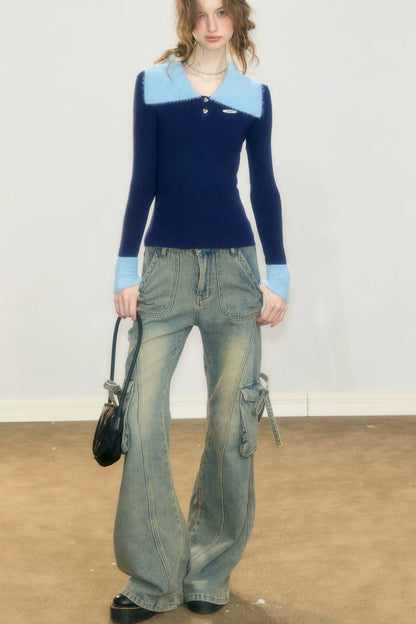 Color-Blocked Polo Collar Knit Sweater