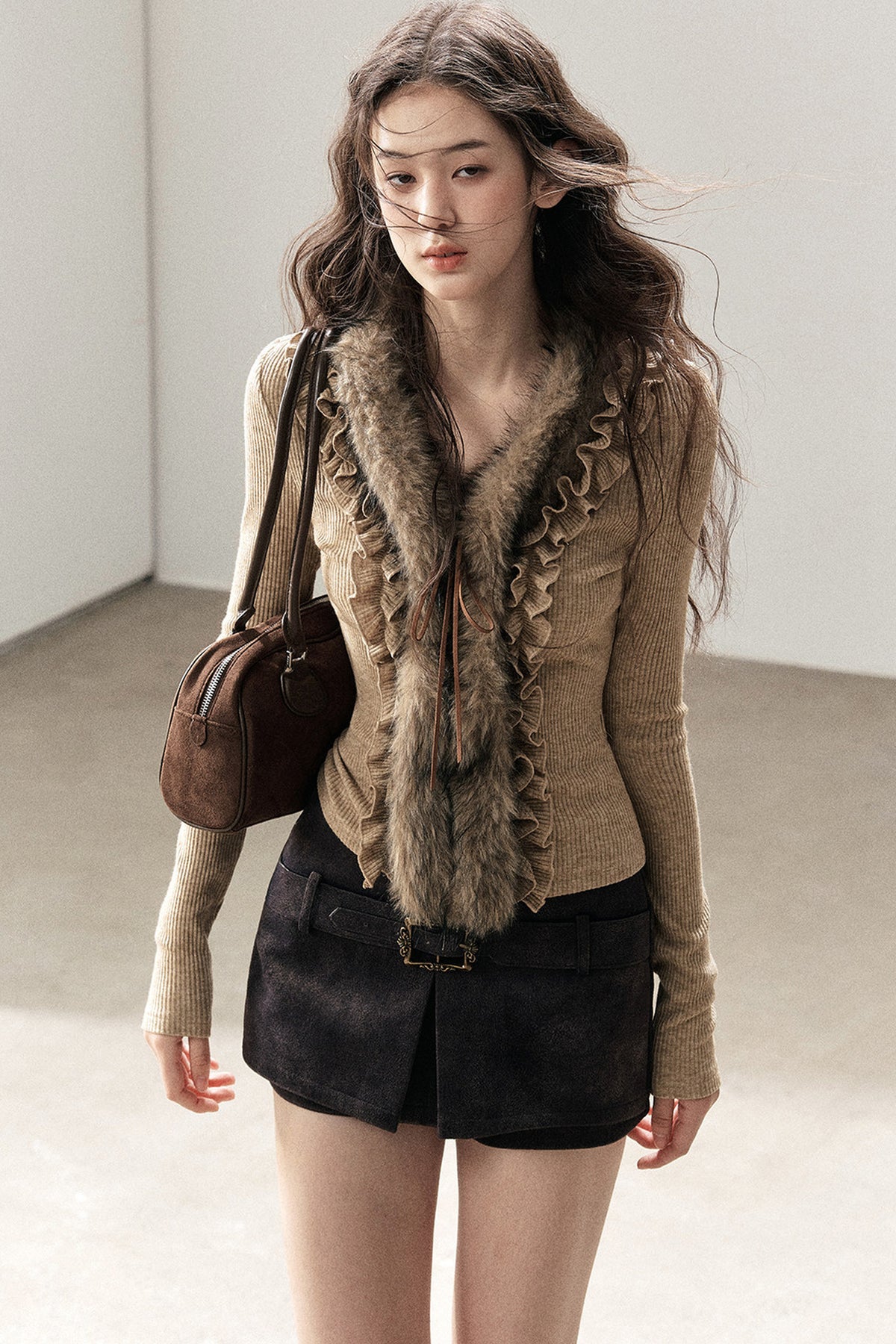 Ruffled Edge Faux Fur Sweater