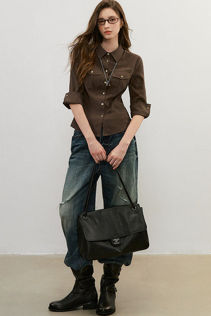Three-Quarter Sleeve Pocket Work Shirt
