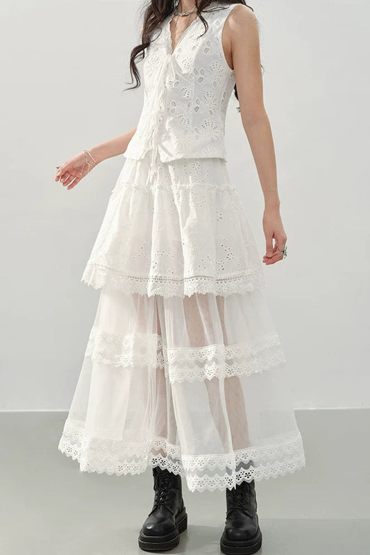 White Lace Tiered A-Line Skirt